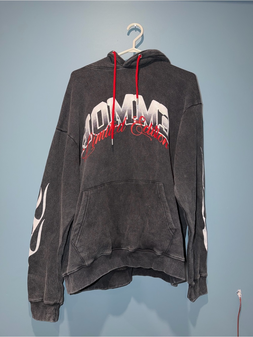 Missguided Black Washed Hoodie with White Flames and Red Accents